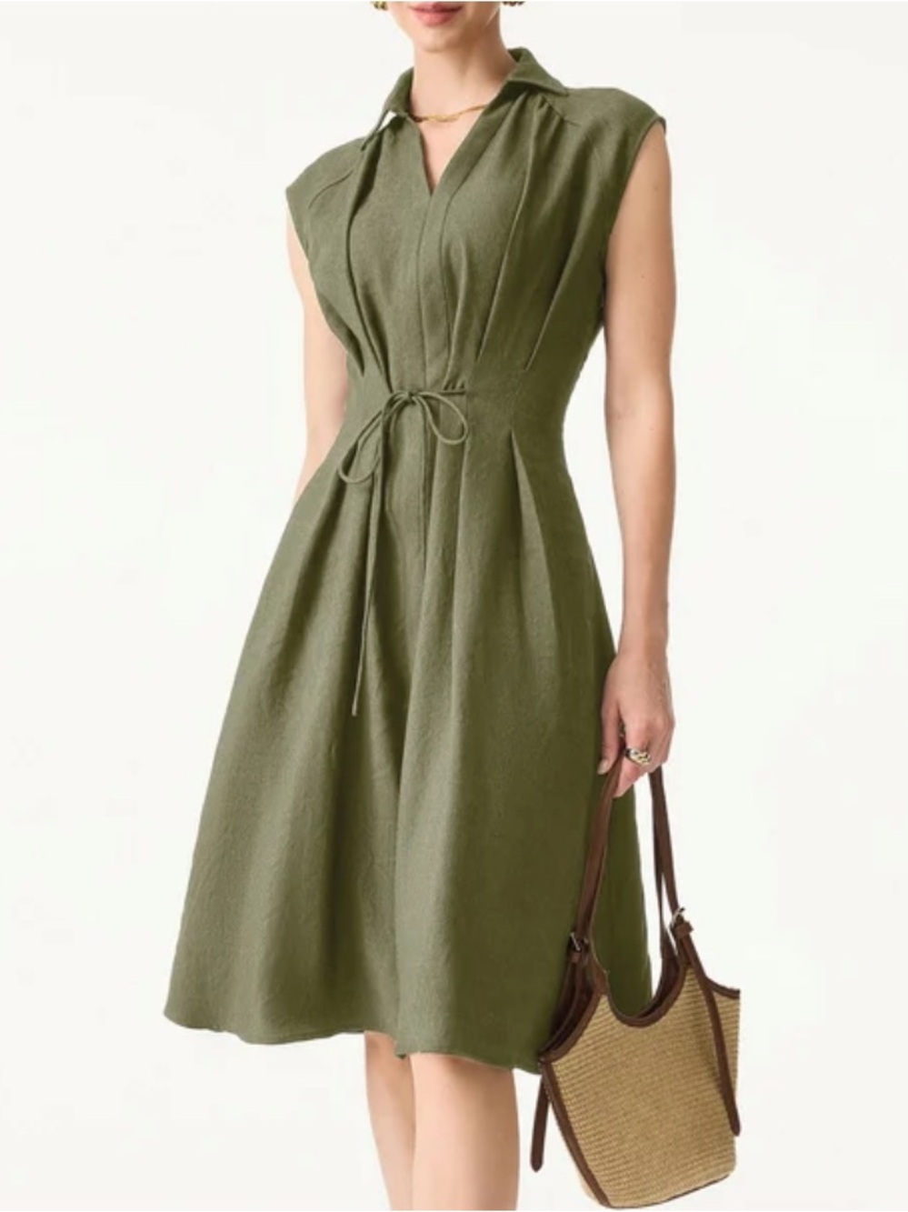 OGL Viscose-Linen Collared V-neck Midi Dress with Drawstring